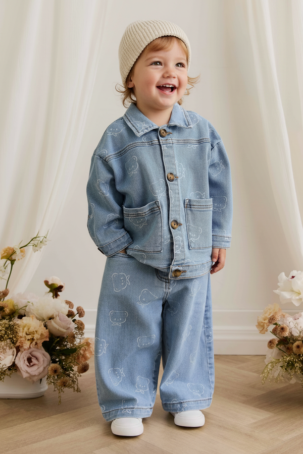 Cotton Baby Pants - Bear Print Denim
