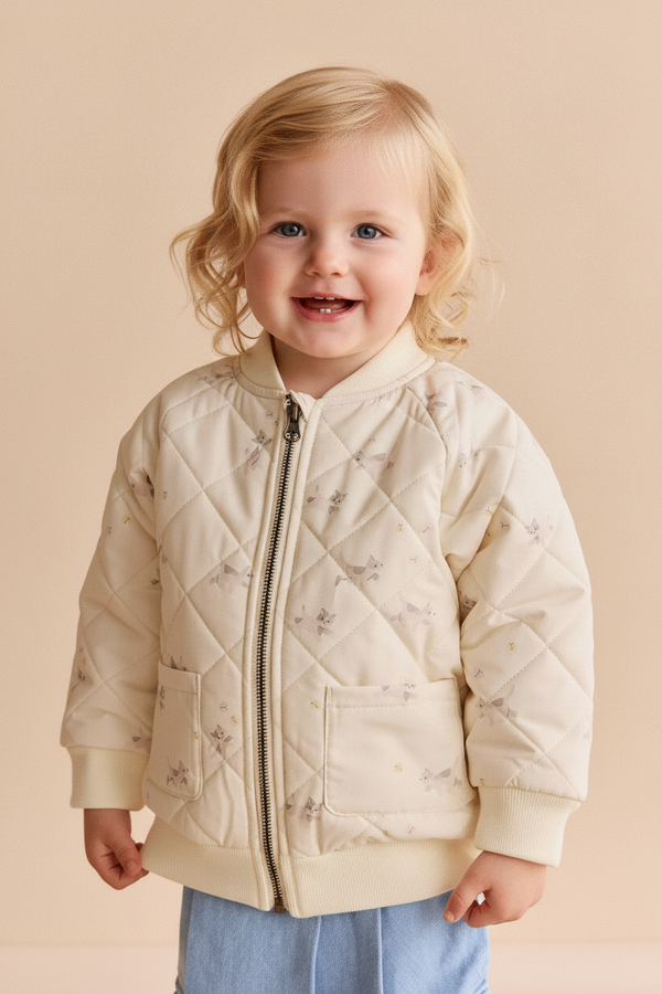 Cotton Baby Jacket - White Kitten Print