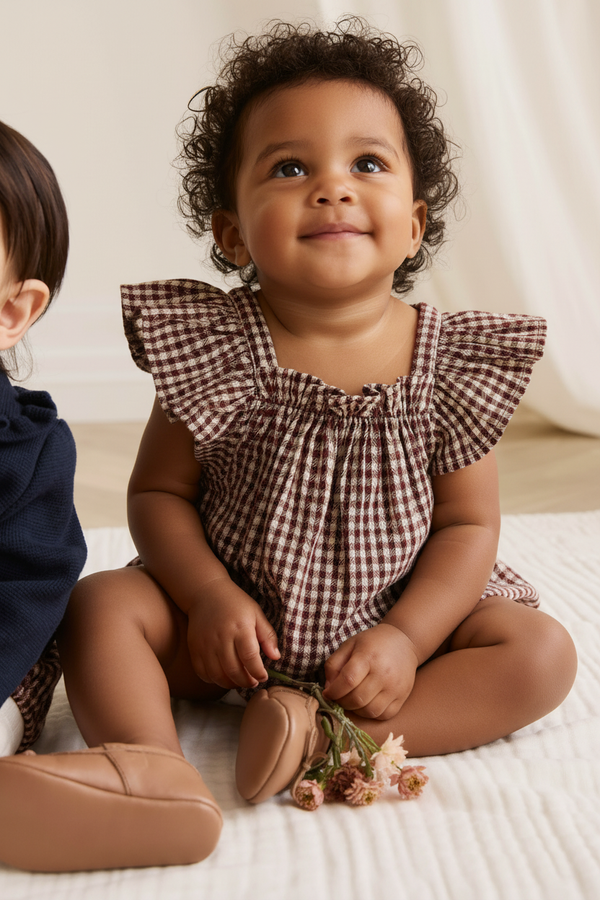 Organic Cotton Baby Romper - Cinnamon Gingham