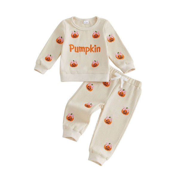 Long Sleeve Pumpkin Bow Waffle Toddler Set