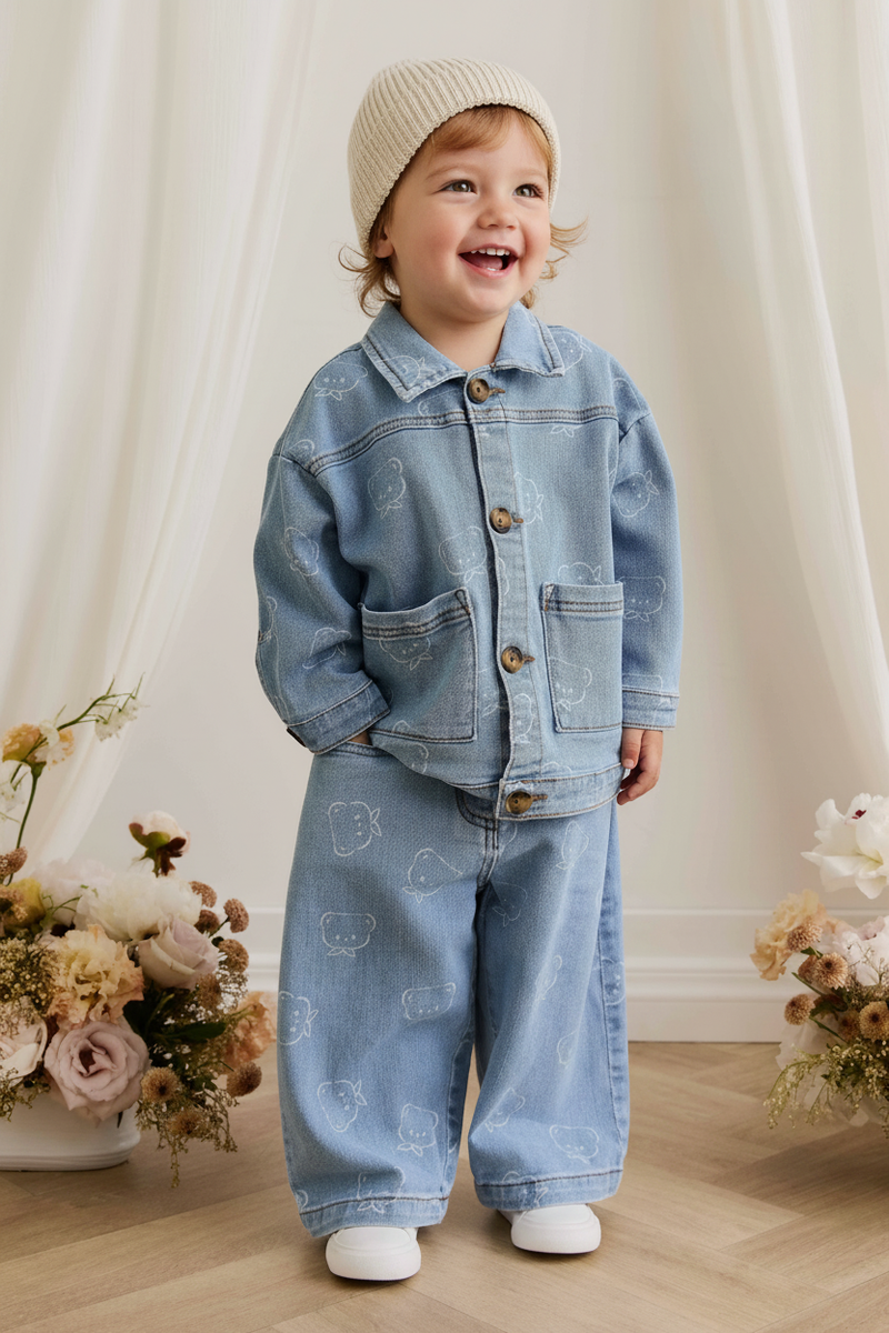 Cotton Baby Pants - Bear Print Denim