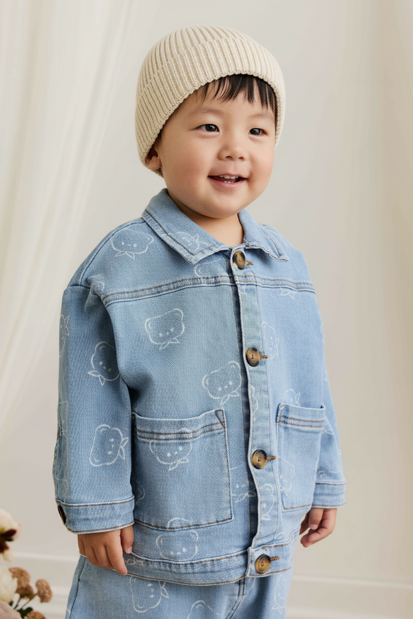 Cotton Baby Jacket - Bear Print Denim