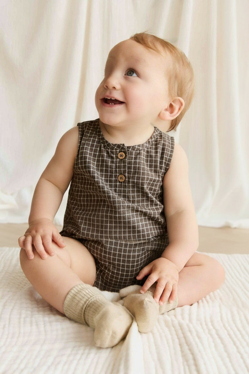 Organic Cotton Baby Romper - Coffee Check - Kumfy Kids (2)