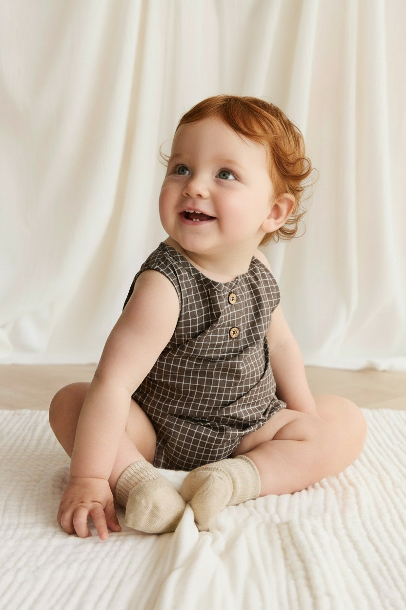 Organic Cotton Baby Romper - Coffee Check - Kumfy Kids (3)