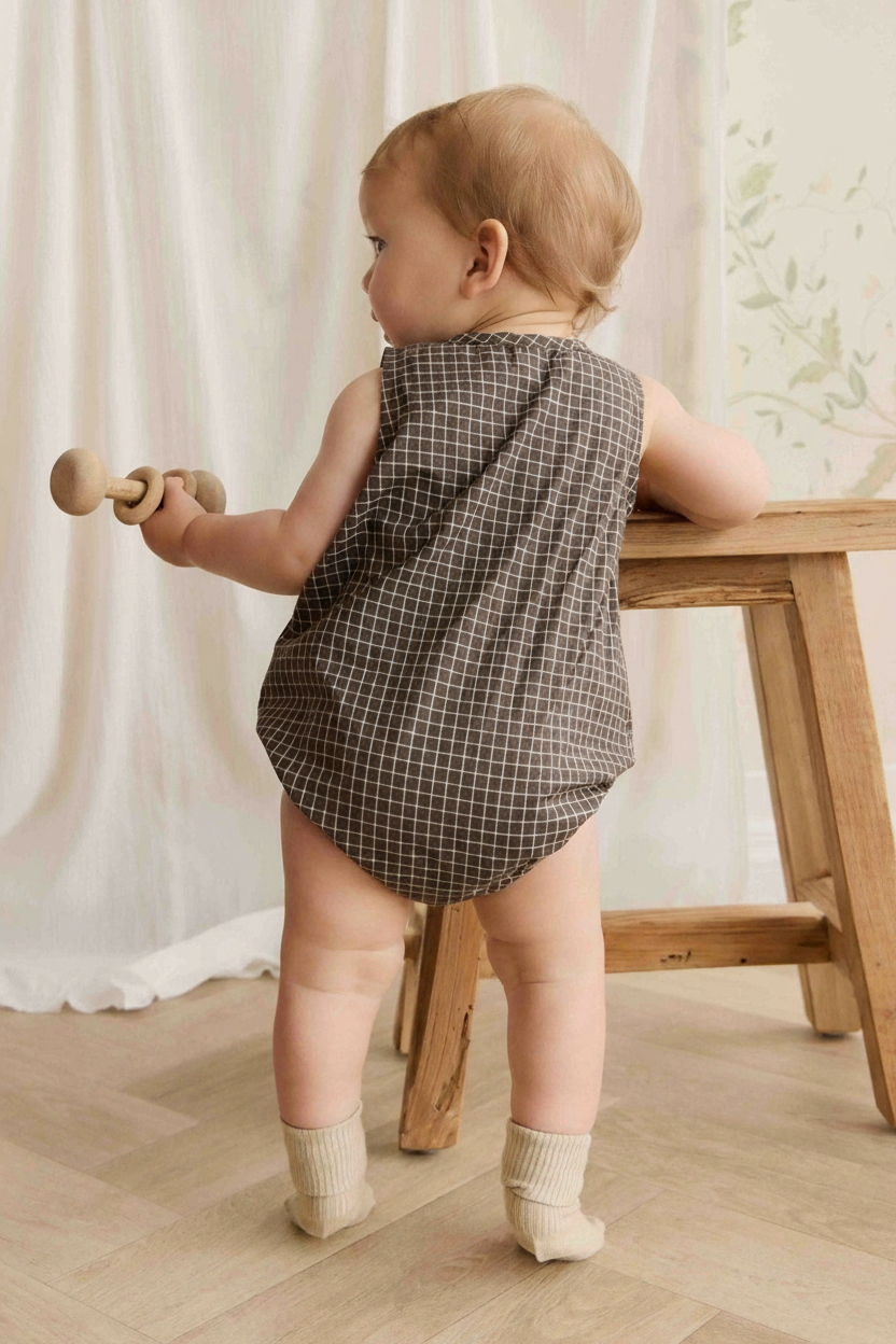 Organic Cotton Baby Romper - Coffee Check - Kumfy Kids (4)