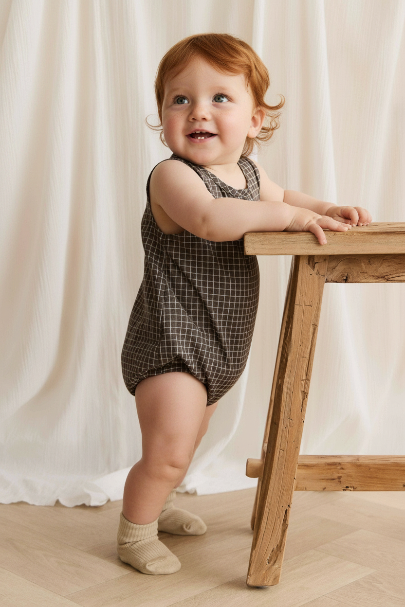 Organic Cotton Baby Romper - Coffee Check - Kumfy Kids (5)