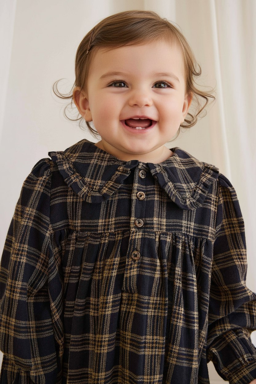 Organic Cotton Baby Dress - Woodland Check - Kumfy Kids