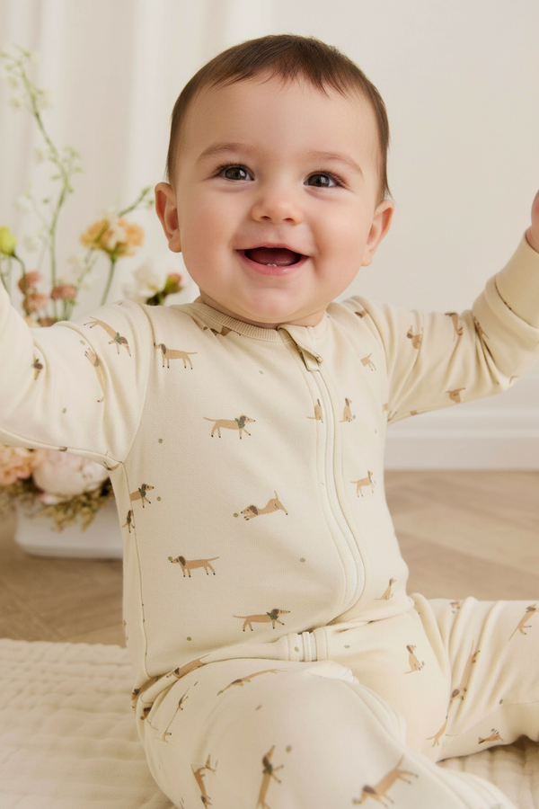Organic Cotton Baby Romper - Tan Sports Print