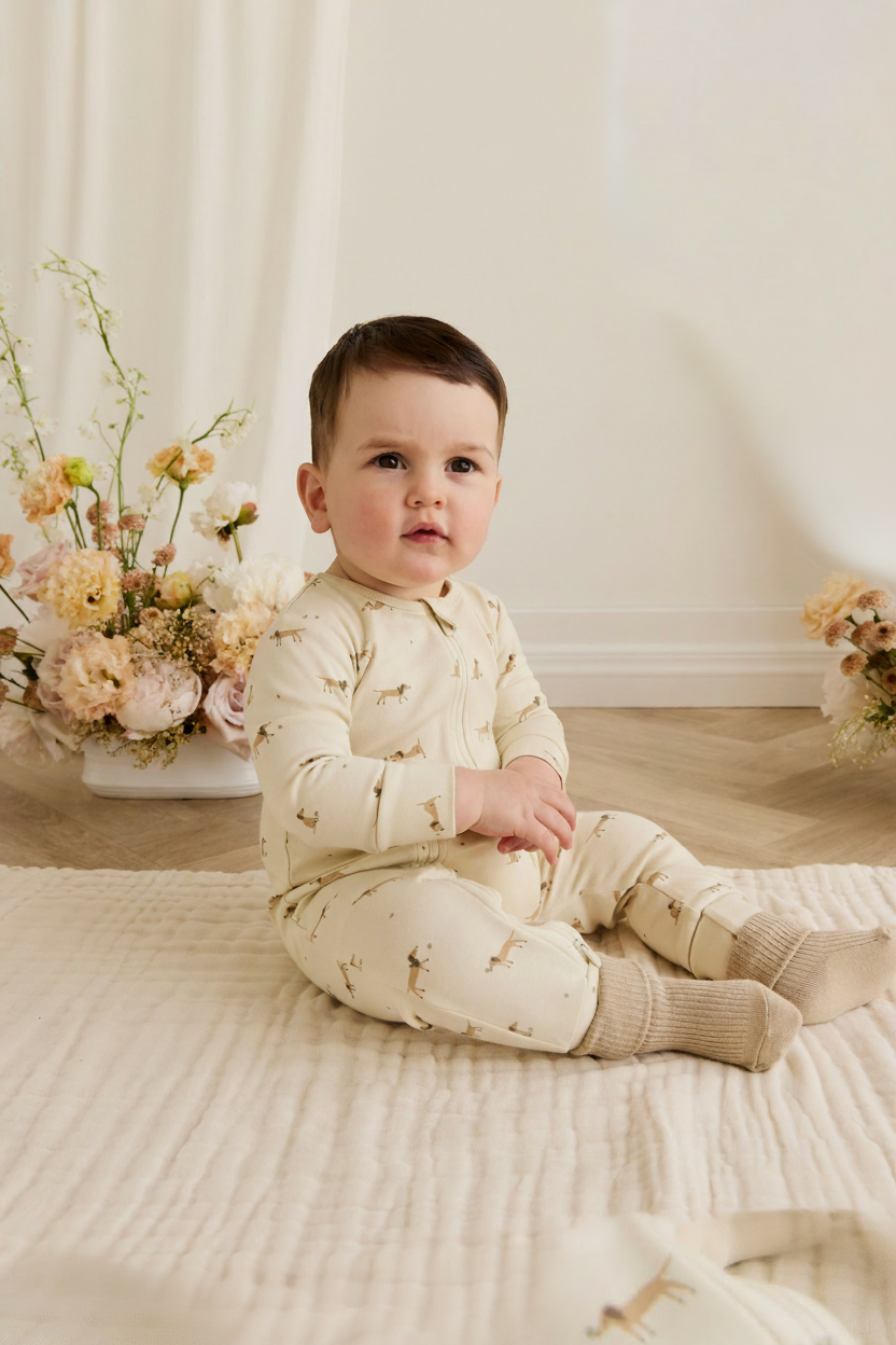 Organic Cotton Baby Romper - Tan Sports Print - Kumfy Kids (3)