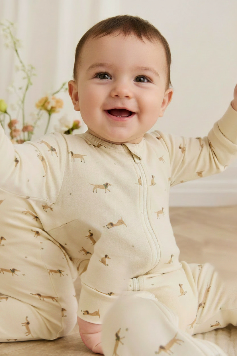Organic Cotton Baby Romper - Tan Sports Print - Kumfy Kids (4)