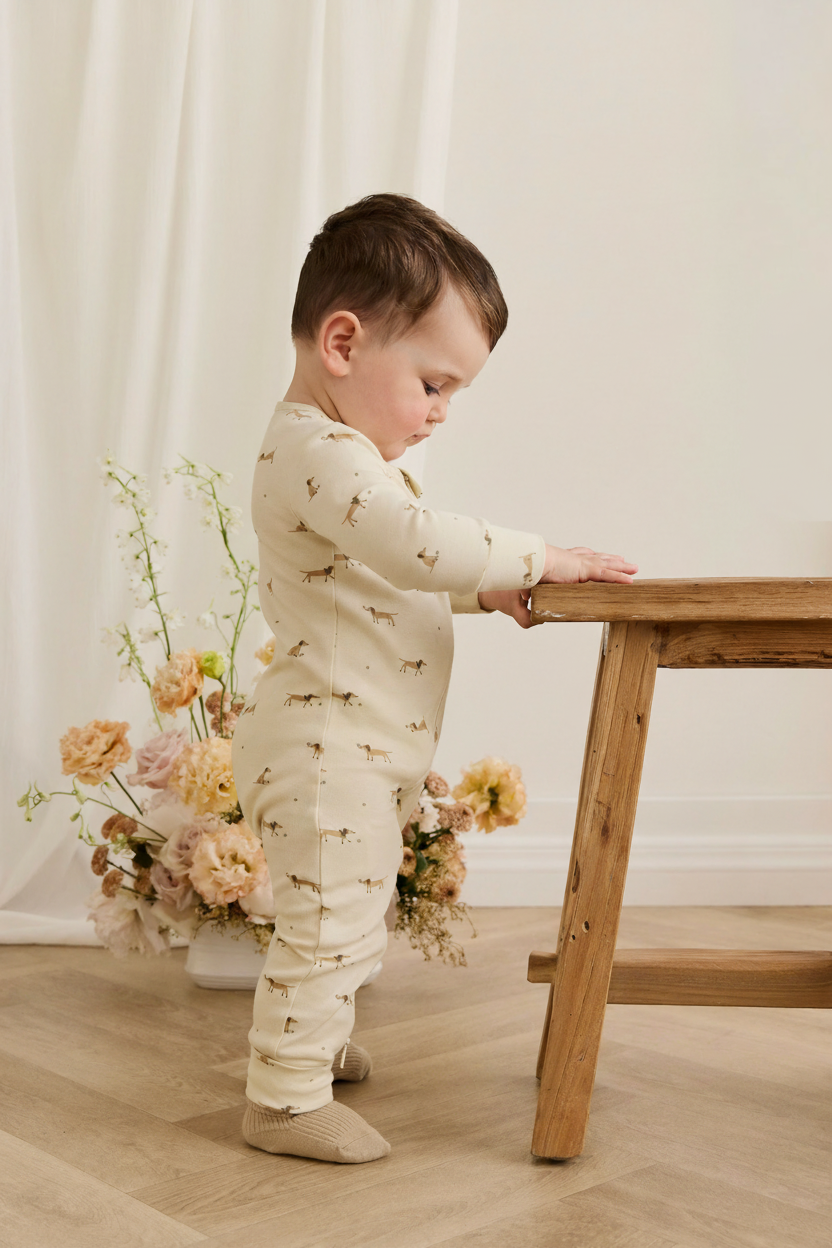 Organic Cotton Baby Romper - Tan Sports Print - Kumfy Kids (5)