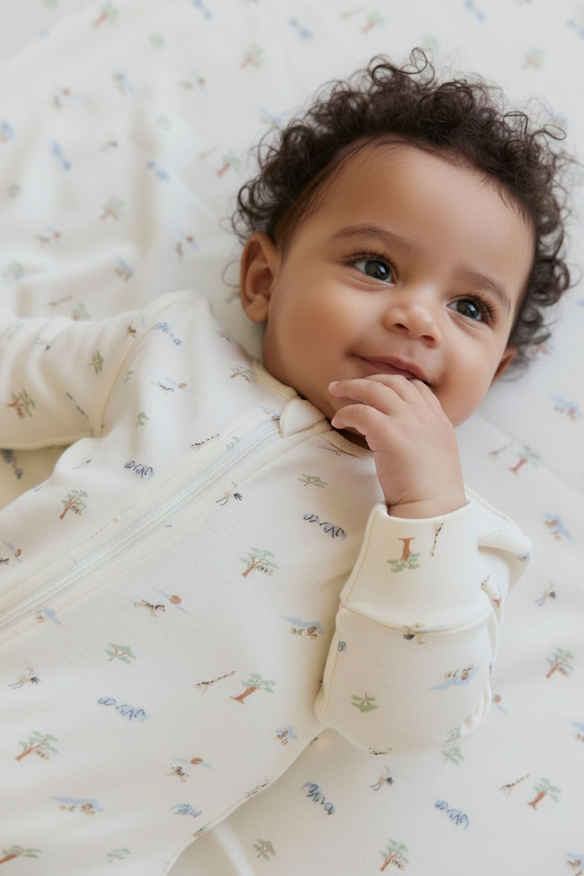 Organic Cotton Baby Romper - Cream Animal Print