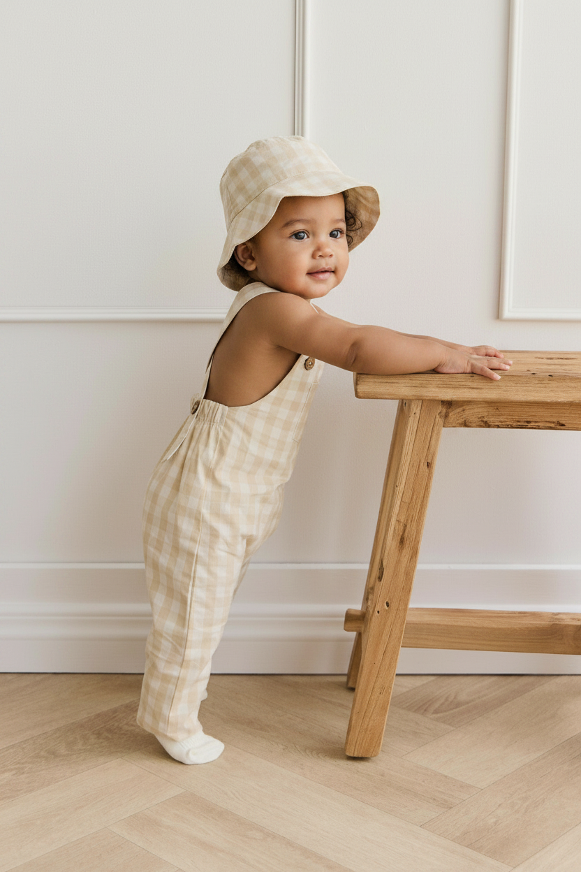Organic Cotton Baby Pants - Pale Khaki Gingham - Kumfy Kids