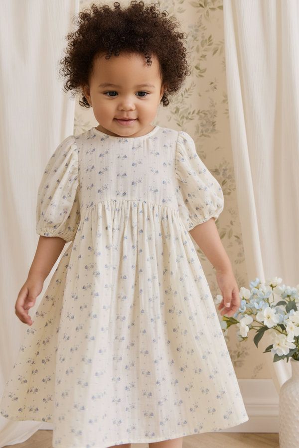 Cotton Muslin Baby Dress - Soft Blue