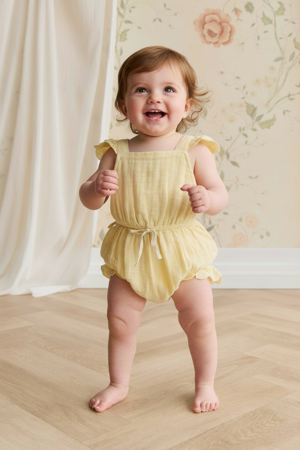 Cotton Muslin Baby Romper - Sunshine Yellow