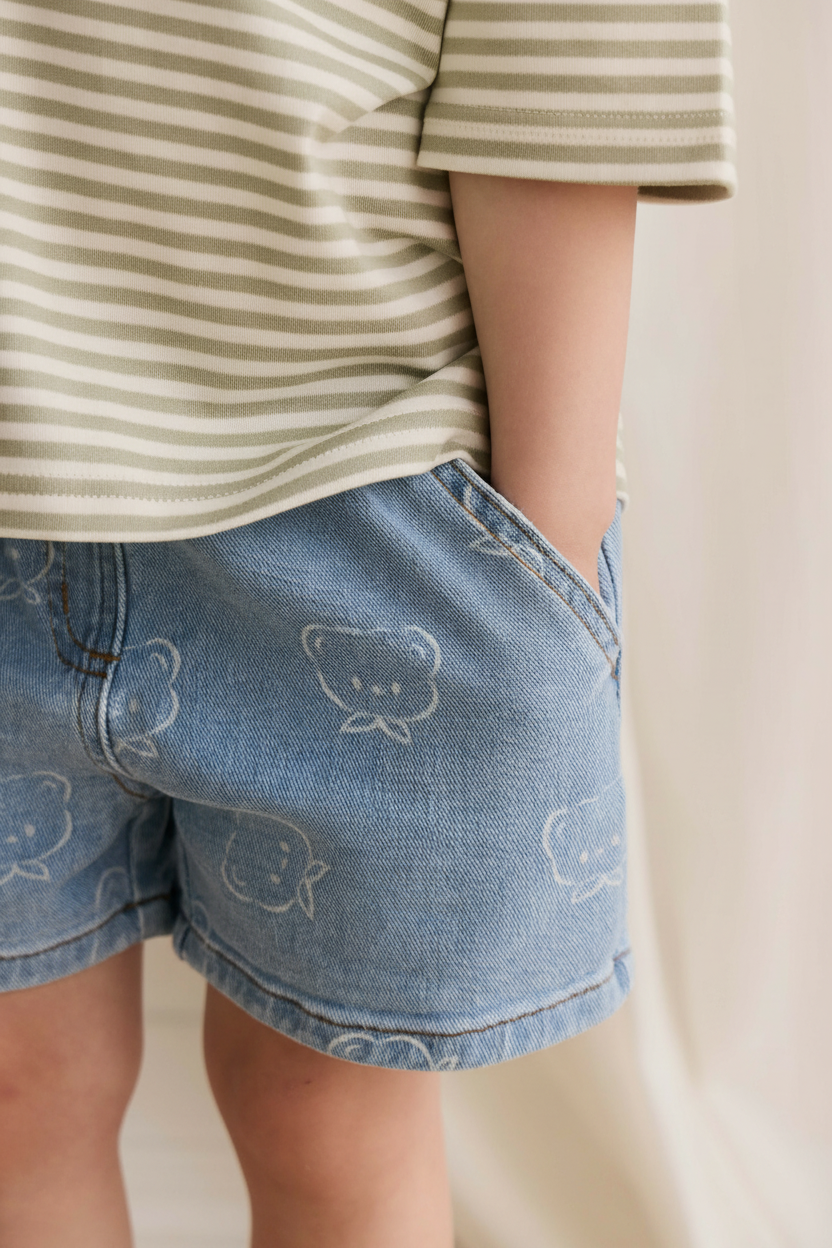 Cotton Baby Shorts - Bear Print Denim - Kumfy Kids (3)