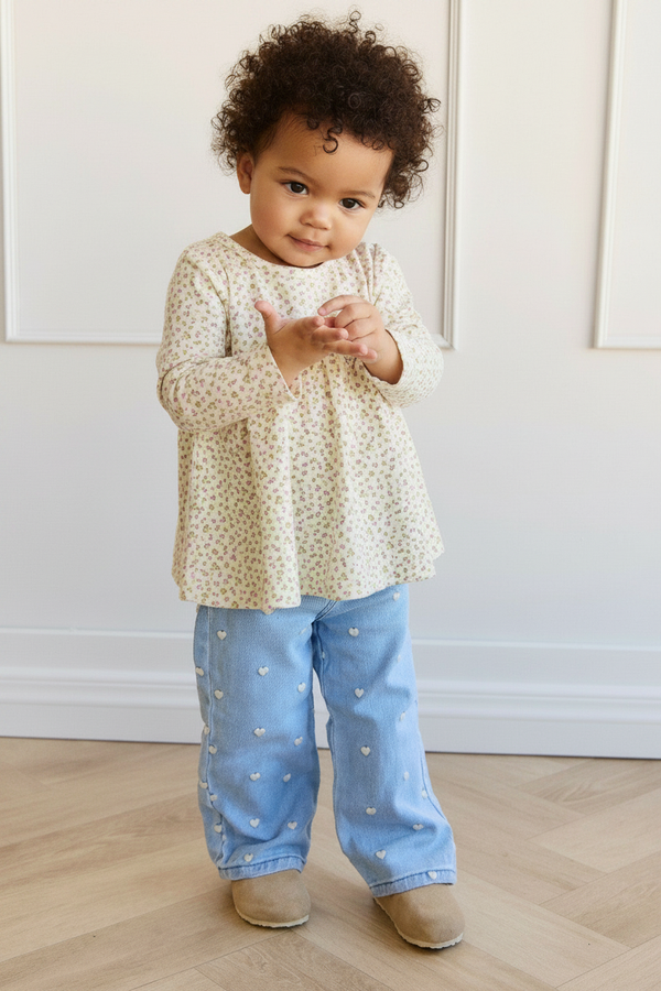 Cotton Baby Pants - Heart Print Denim