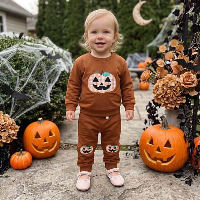 Long Sleeve Checkered Pumpkin Toddler Set - Kumfy Kids (4)