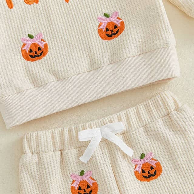 Long Sleeve Pumpkin Bow Waffle Toddler Set - Kumfy Kids (3)