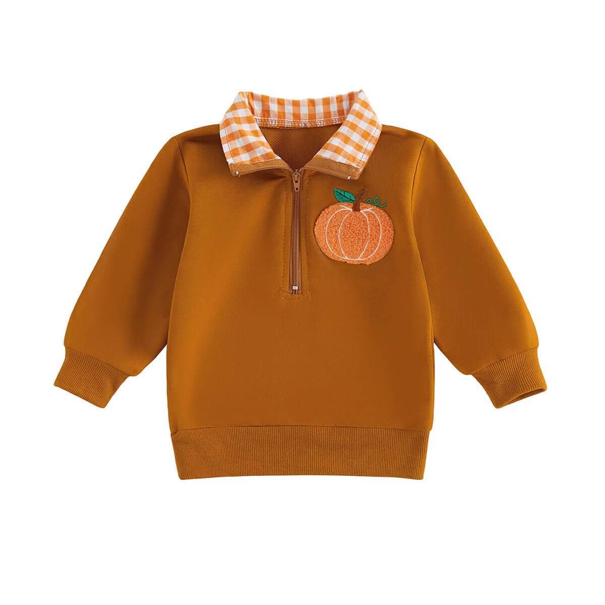 Pumpkin Checkered Collar Toddler Sweatshirt - Kumfy Kids (3)