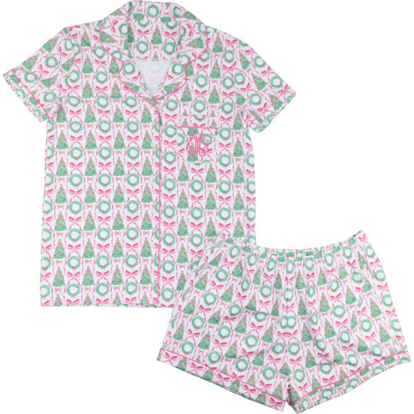 Women's Christmas Tree And Wreath Knit Shorty Pajama Set