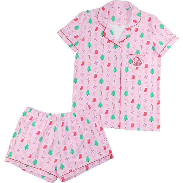 Women's Pink Christmas Candy Knit Shorty  Pajama Set