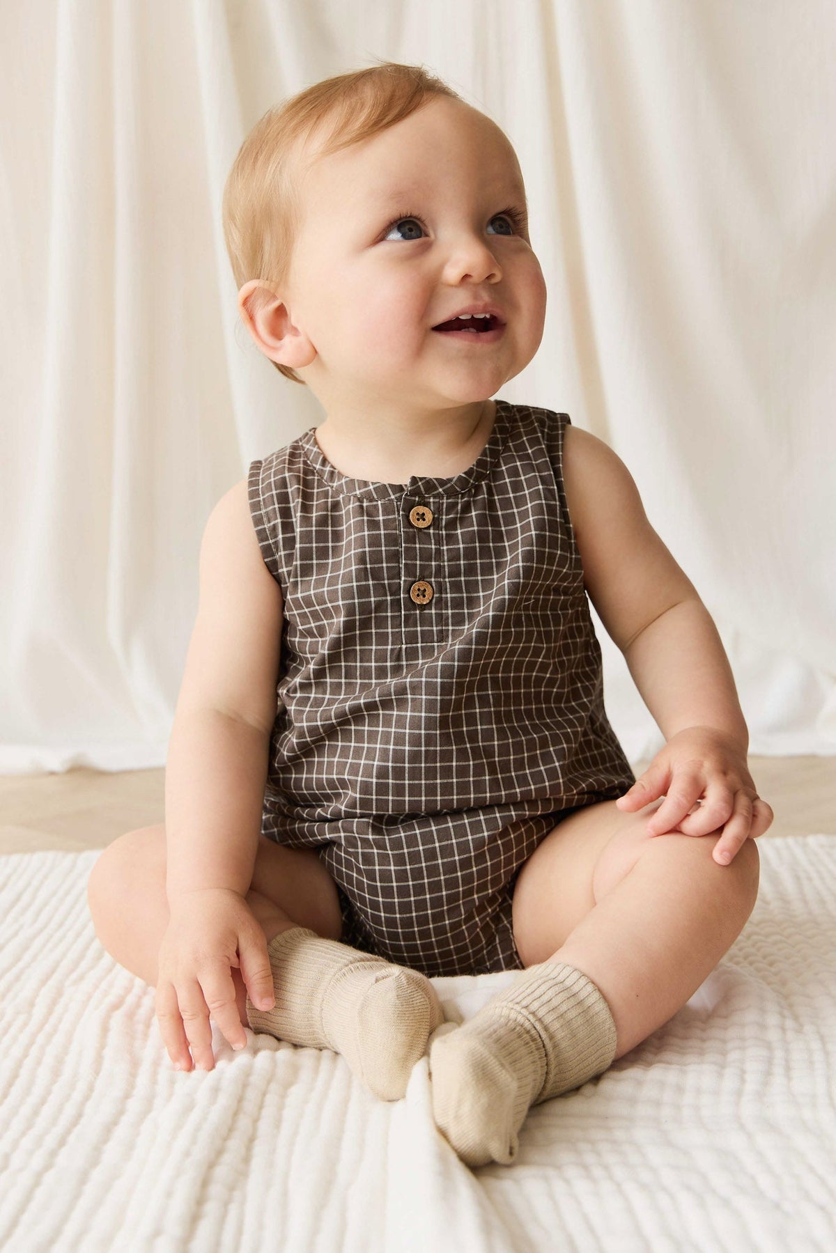 Organic Cotton Archie Playsuit - Coffee Grid - image 1