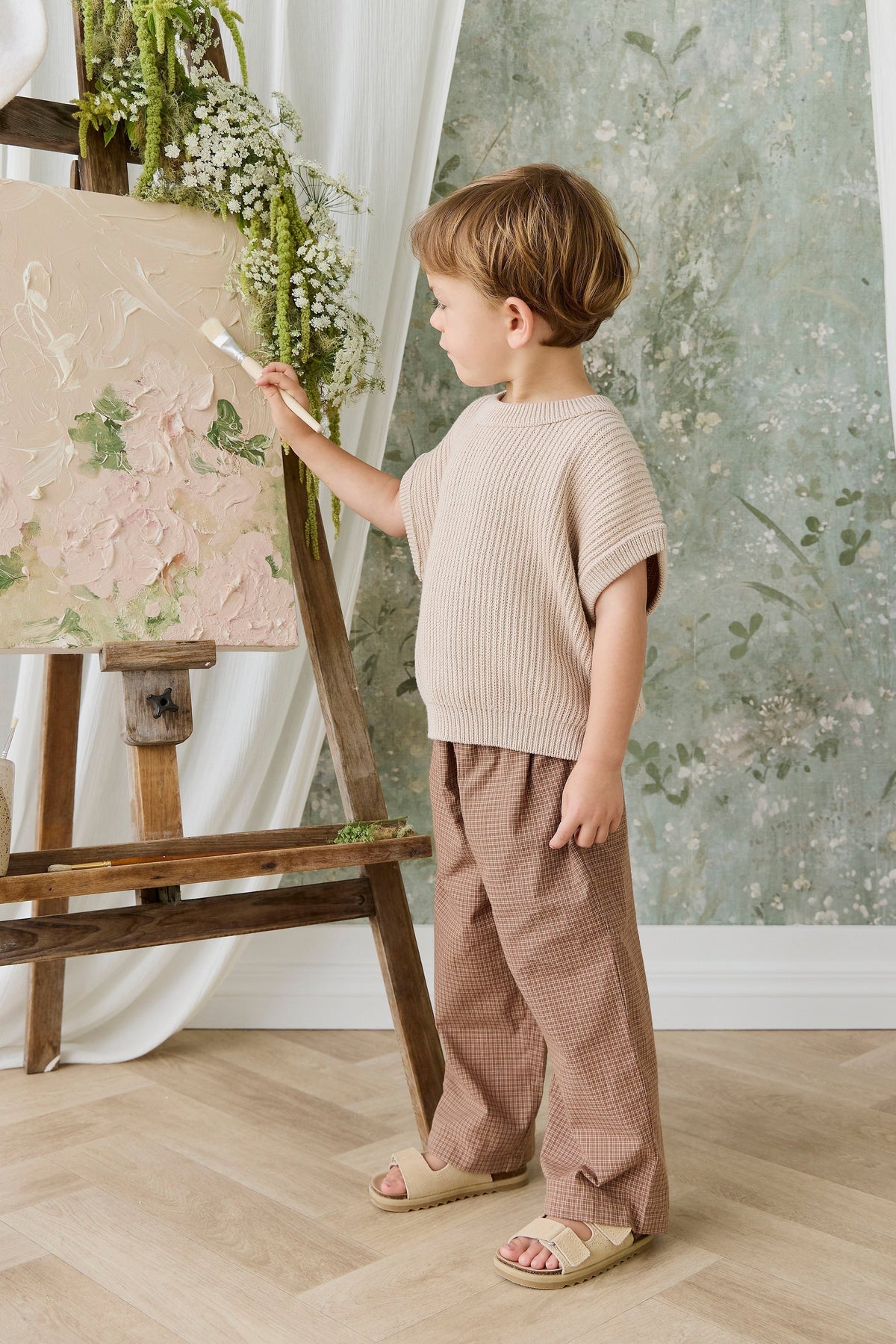 Organic Cotton Kenji Pant - Double Windowpane Check Oud/Hay - image 1