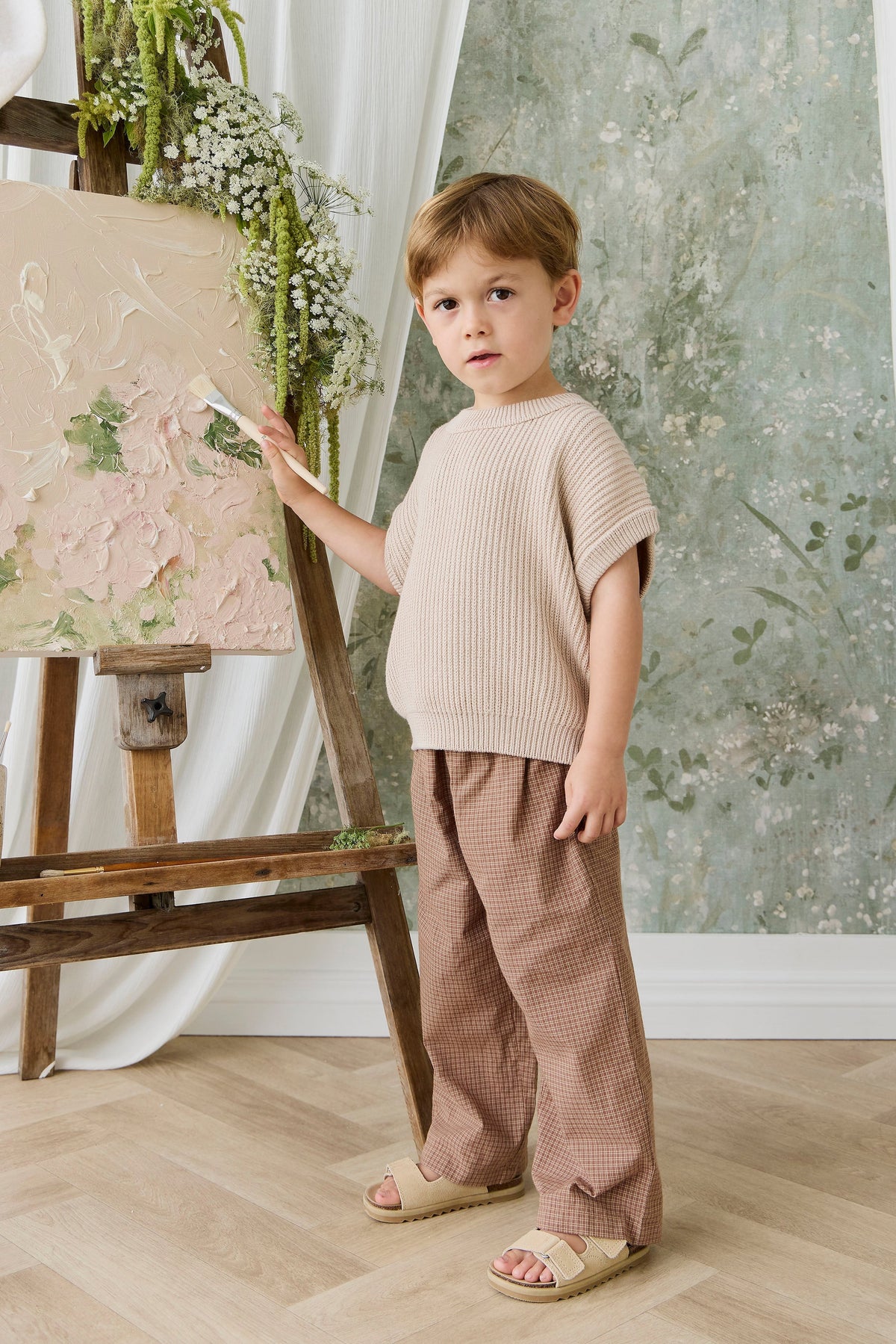 Organic Cotton Kenji Pant - Double Windowpane Check Oud/Hay - image 3