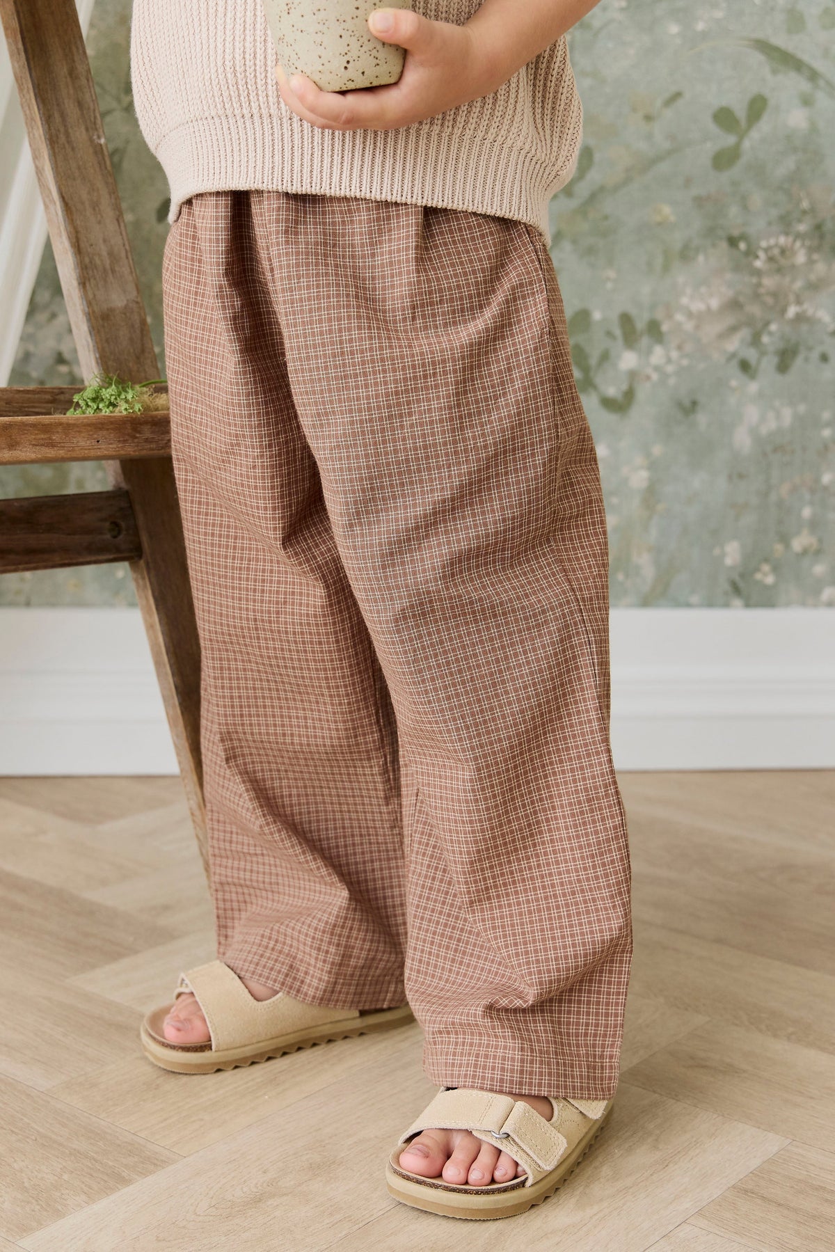 Organic Cotton Kenji Pant - Double Windowpane Check Oud/Hay - image 4