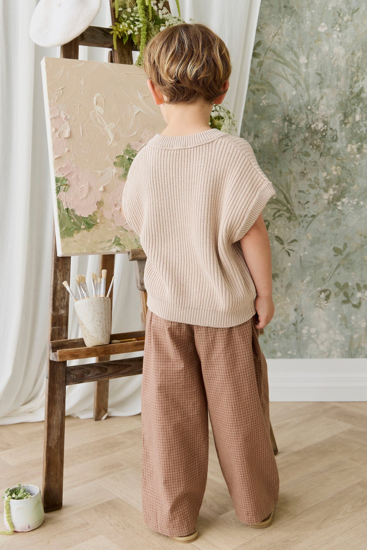 Organic Cotton Kenji Pant - Double Windowpane Check Oud/Hay - image 5